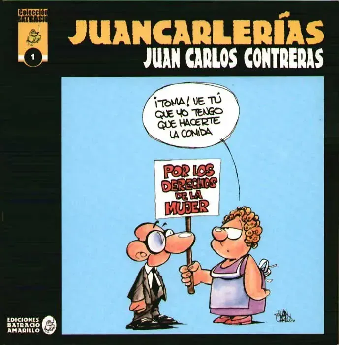 Portada de libro de dibujos animados con un hombre y una mujer mirándose, bocadillos de diálogo en español, fondo azul.