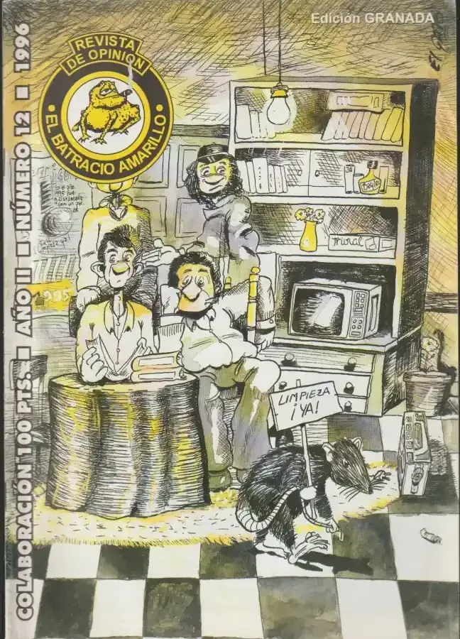 Dibujo animado de una familia en una cocina amarilla, con un gato sobre un suelo de baldosas blancas y negras.