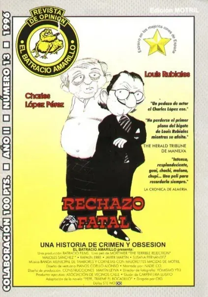 Cartel con dos figuras de dibujos animados, fondo amarillo y el gran título rojo “RECHAZO” en la parte inferior.