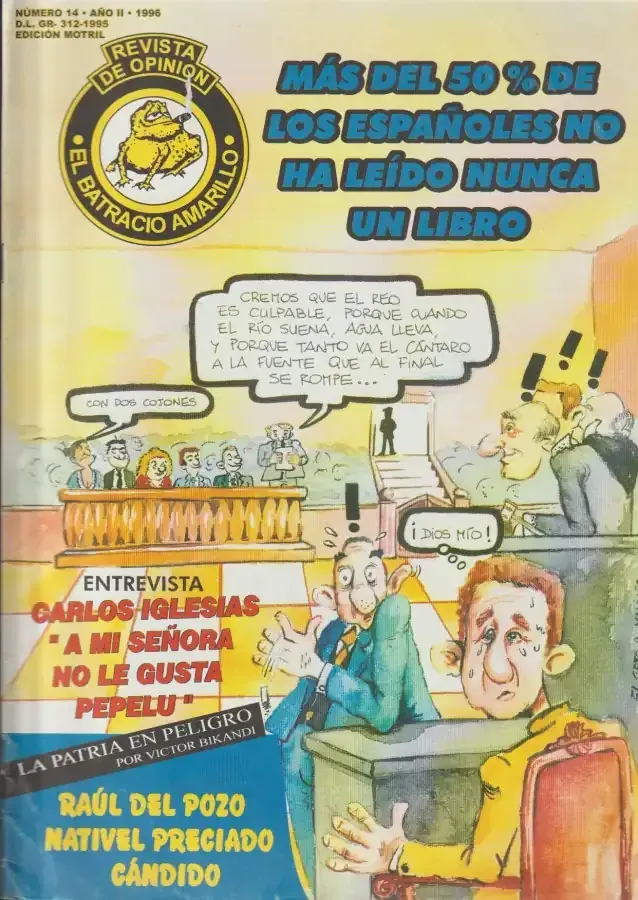 Portada satírica con titulares en español, caricaturas y el lema “Más del 50% de los españoles no lee nunca un libro”