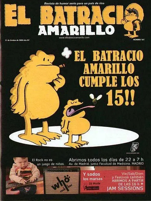 Cartel negro y naranja de El Batracio Amarillo celebrando sus 15 años con dos ranas caricaturescas.