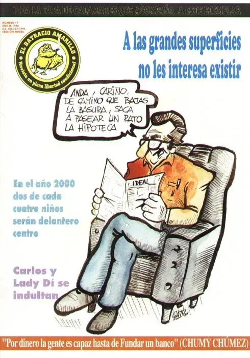 Caricatura de un hombre leyendo un periódico en un sillón junto a un texto en español y un gran titular.