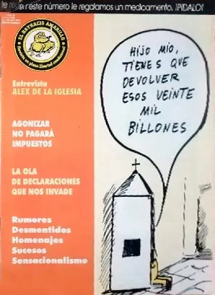 Cartoon of a church with a speech bubble saying “Hijo mío