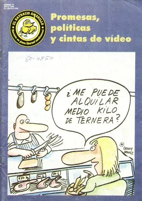 Caricatura de una carnicería con letrero “Promesas, políticas y cintas de video” y un cliente pidiendo medio kilo de ternera.