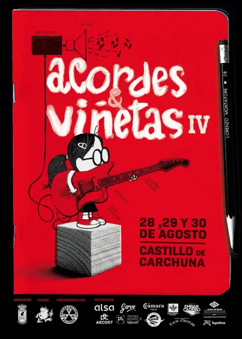 Cartel rojo de “Acordes y viñetas IV” con un músico de dibujos animados sobre un amplificador de guitarra