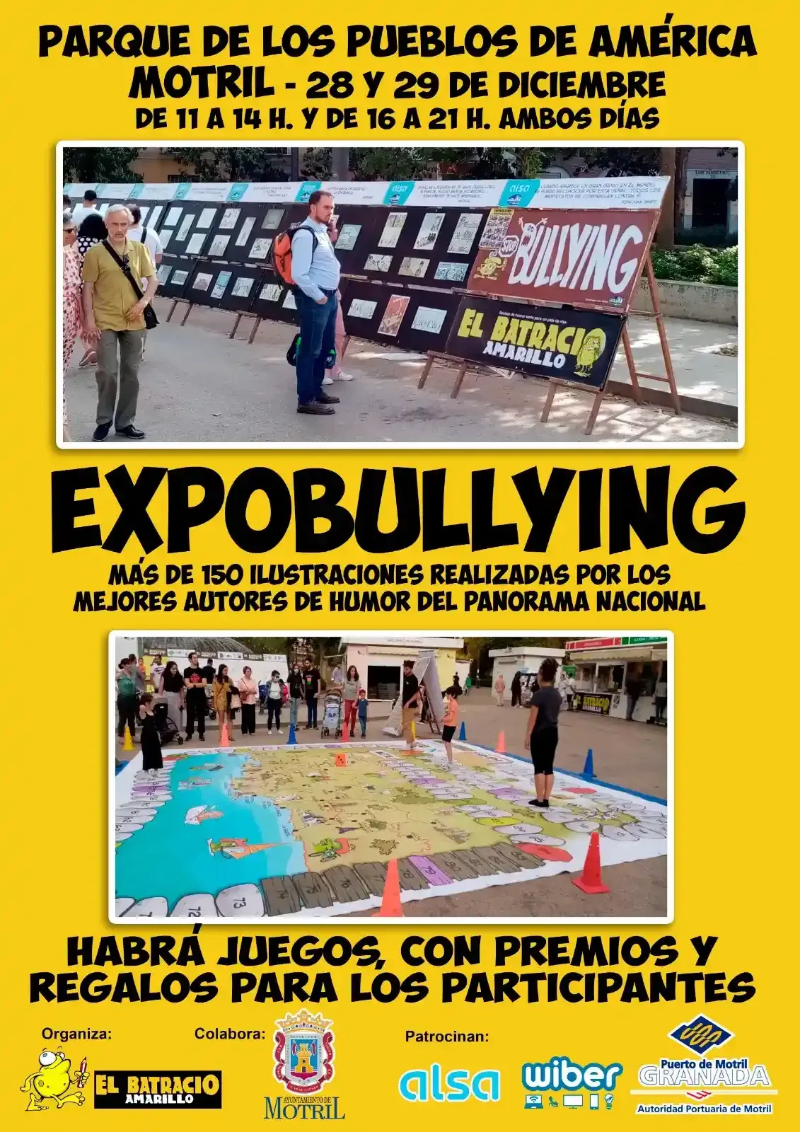 Poster for “Expobullying” at Parque Los Pueblos de América, with dates, cartoons, and event details.
