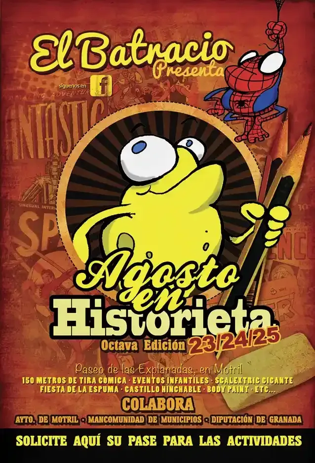 Cartel rojo de El Batracio con un sapo amarillo y texto “Agosto es la historieta”