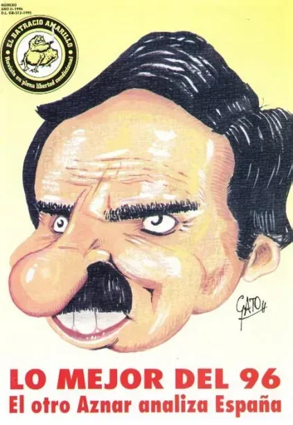 Caricatura del rostro de un hombre con nariz grande y bigote; el texto dice “LO MEJOR DEL 96” y “El otro Arazán”.