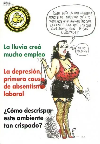Cartel en español sobre lluvia y trabajo, con una caricatura de mujer en falda roja