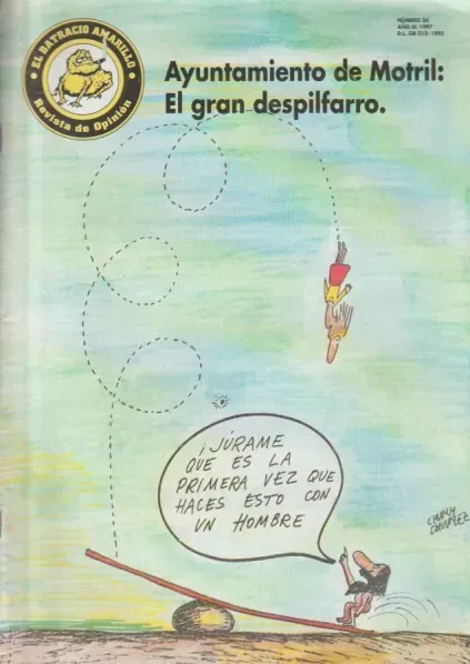 Poster with “Ayuntamiento de Motril: El gran despilfarro,” showing a seesaw and speech bubble in pale green.