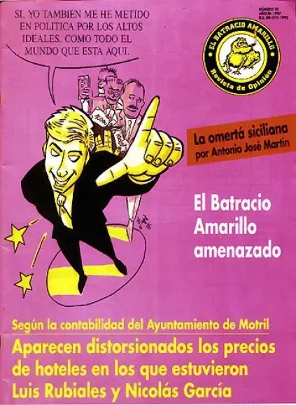 Cartel político rosa sobre el “Barrio Amarillo” con caricaturas y texto en español.