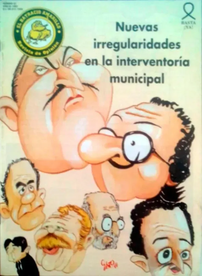 Cartoon poster in Spanish reading “Nuevas irregularidades en la interventoría municipal” with caricatured faces.