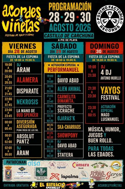 Cartel del festival “Acordes y Viñetas” en Cartagena, con fechas, programa y cartelera de música y cómics sobre fondo negro.