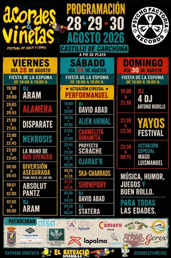 Cartel del festival “Acordes y Viñetas” en Cartagena, con fechas, programa y cartelera de música y cómics sobre fondo negro.