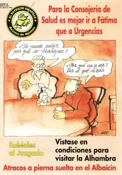 Cartel en español con viñeta médica y texto sobre ir a Urgencias frente a visitas a la Alhambra.