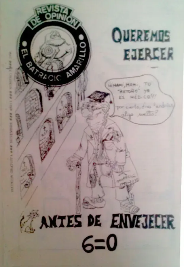 Spanish protest poster with a cartoon figure, circular logo, and bold t