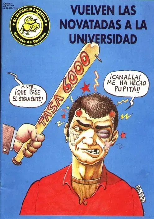 Cartel de protesta de dibujos animados con un hombre vestido de rojo, puño en alto, lemas en español y fondo azul.