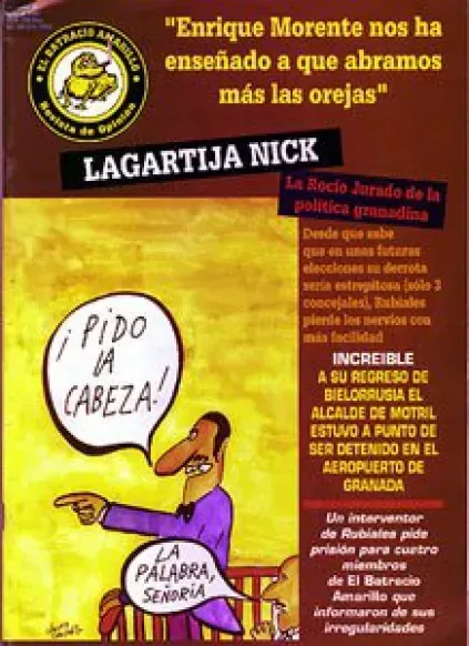 Cartel satírico morado y rojo con un loro diciendo “Pido la cabeza” y título “LAGARTIJA NICK”.