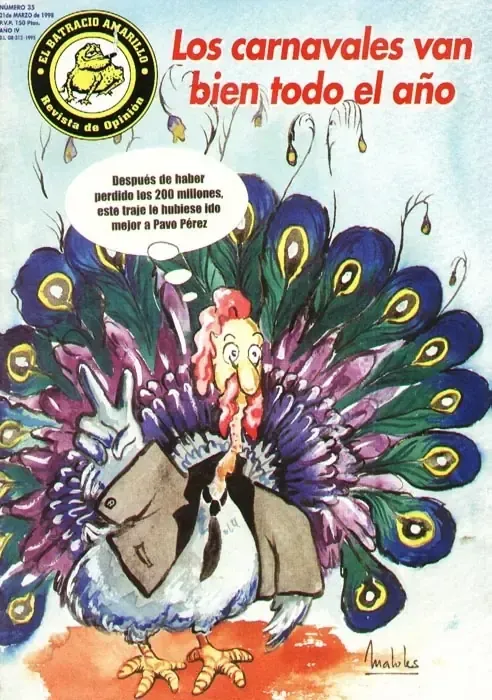 Colorful poster of a peacock with the Spanish title “Los carnavales van bien todo el año”