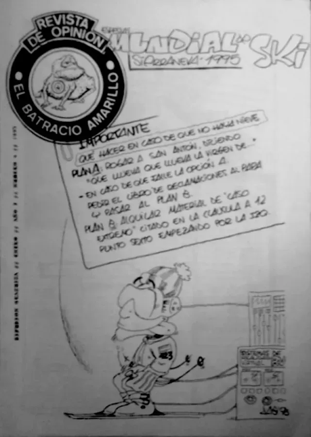 Página de dibujos animados en blanco y negro con texto manuscrito en e