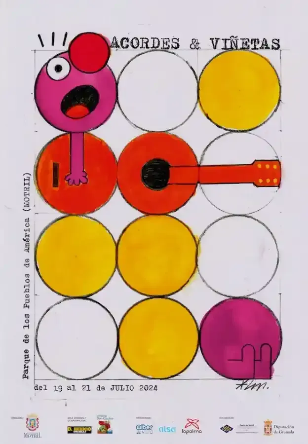Póster de guitarras de dibujos animados hechas con círculos de colores sobre un fondo blanco, titulado “Acordes & Viñetas”.