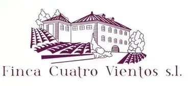 Logotipo de Finca Cuatro Vientos sl con una casa, árboles y tierras de cultivo en color burdeos.