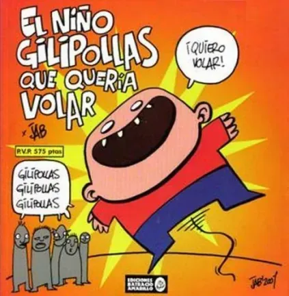 Hombre de dibujos animados con chaqueta roja y pantalones azules gritando “¡Quiero volar!” sobre un fondo naranja.