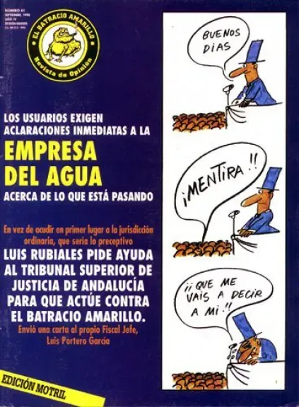 Cartel político en español sobre “la empresa del agua” y una tira cómica con tres viñetas de un hombre caricaturizado.