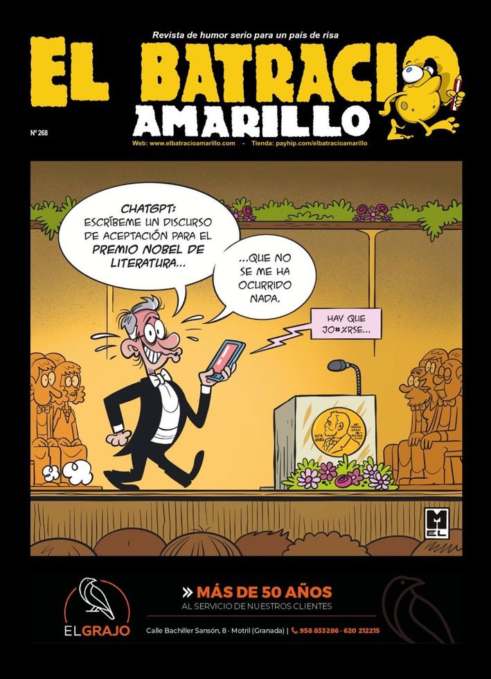 Portada de un libro de dibujos animados titulado “El Batracio Amarillo”, con un hombre hablando en una habitación verde junto a un póster de una rana amarilla.