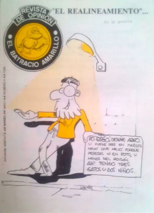 Caricatura de un hombre bajo una lámpara sosteniendo un cartel