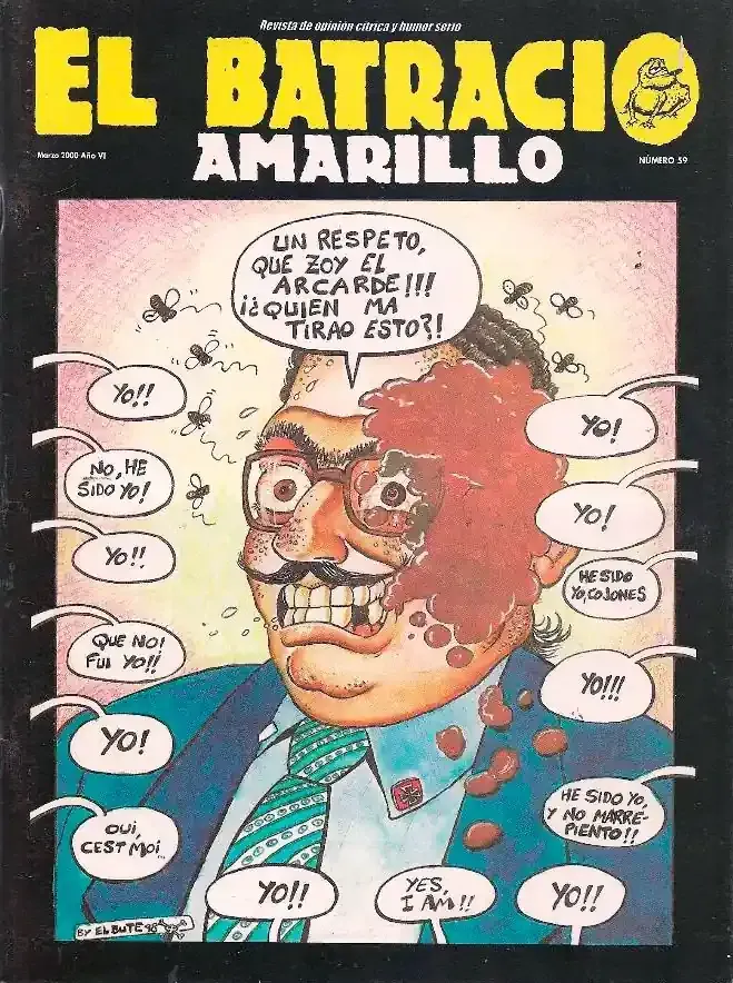Portada de cómic titulada “El Batracio Amarillo” con un hombre caricaturizado y bocadillos de diálogo sobre un fondo rosa.