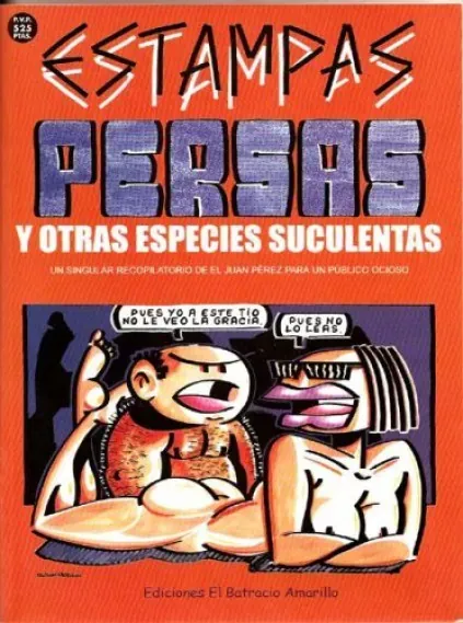 Cartel en tonos naranja y morado con dibujos de personajes y el título “Estampas Perros y otras especies suculentas”.