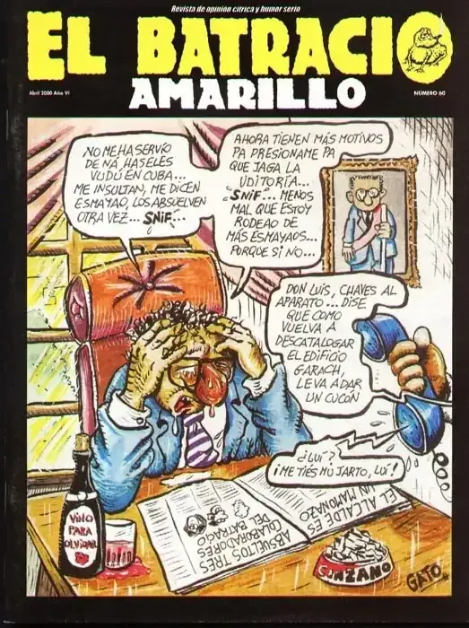 Portada de dibujos animados de un hombre estresado en un escritorio desordenado bajo el título “El Batracio Amarillo”.
