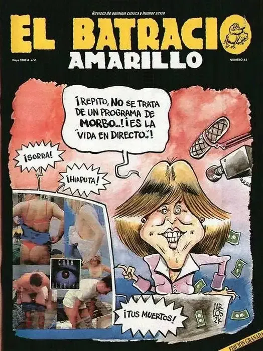 Cartel de “El Batracio Amarillo” con caricatura central y bocadillos de texto sobre fondo rojo y negro.