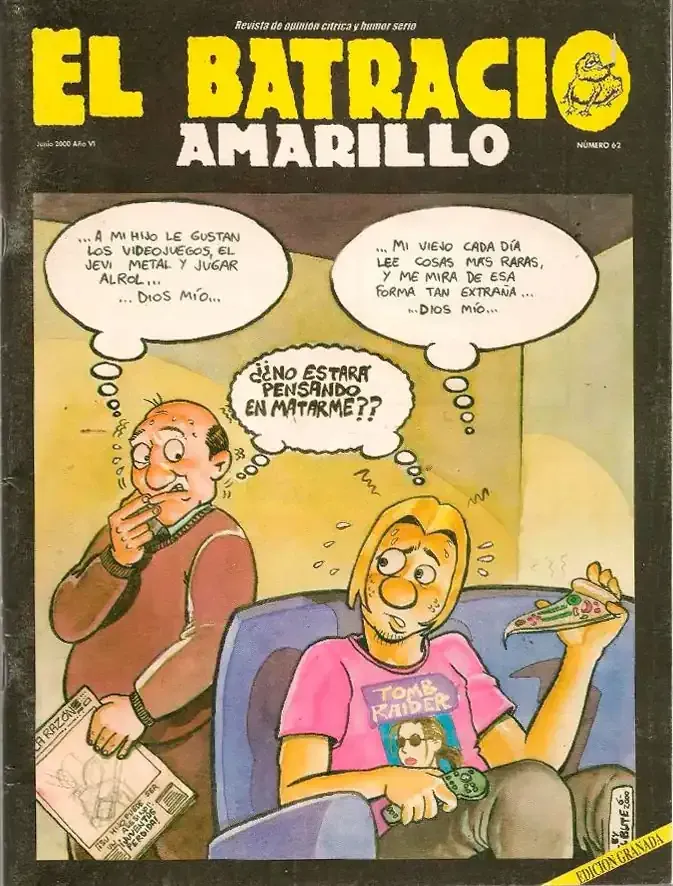 Portada de cómic titulada “El Batracio Amarillo” que muestra a dos hombres en un coche con bocadillos de diálogo.