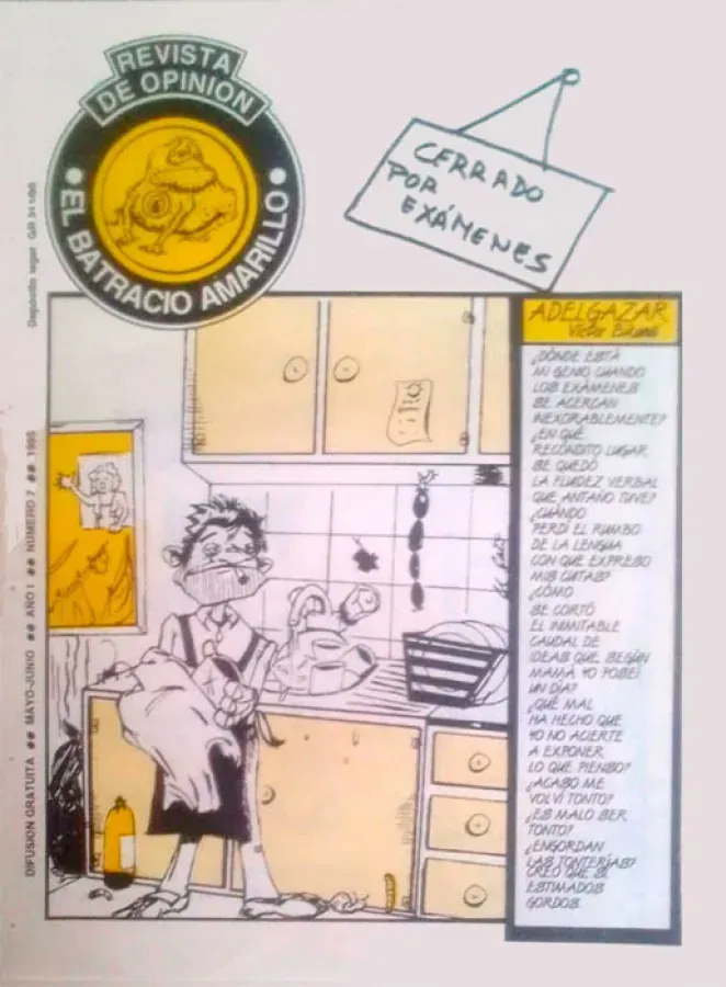Dibujo animado de una cocina con una persona cocinando, armarios, notas y un letrero que dice “Cerrado por vacaciones”.