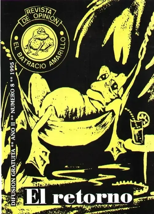 Portada de revista antigua en amarillo y negro que muestra una figura reclinada, titulada “El retorno”.