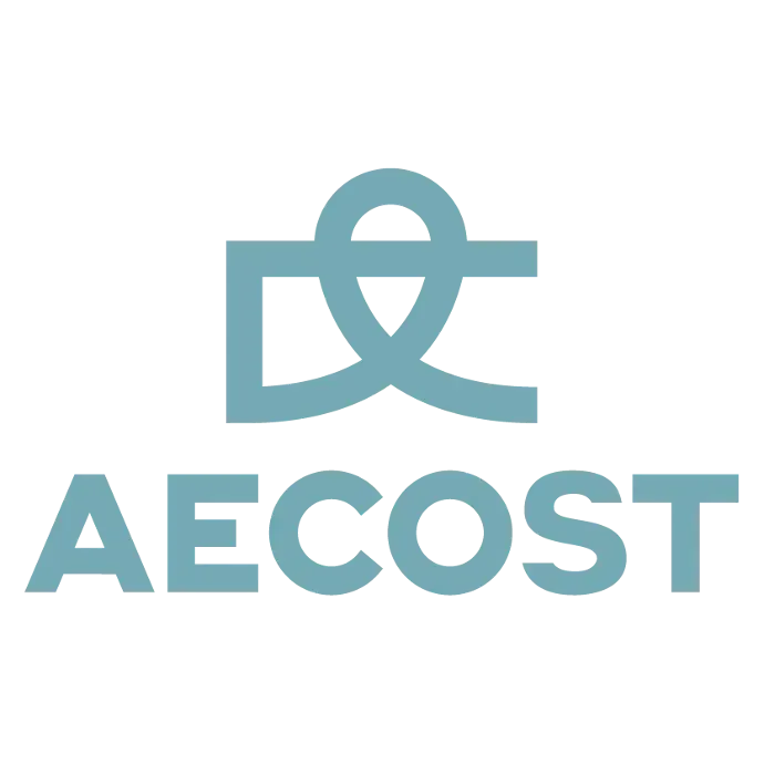 Logotipo de AECOST en color verde azulado con letras entrelazadas estilizadas sobre el nombre de la marca.