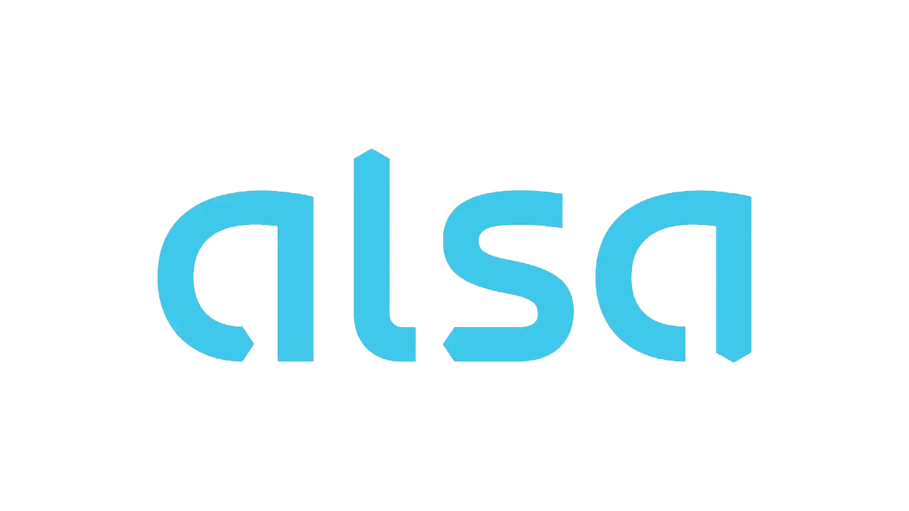 Logotipo azul de “alsa” sobre fondo blanco