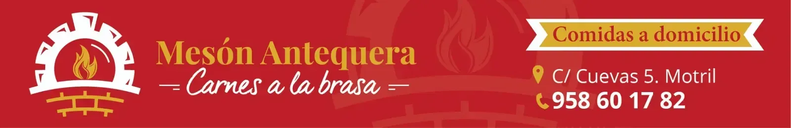Cartel rojo del restaurante Mesón Antequera con la etiqueta de comida para llevar y el número de teléfono 958 06 57 82.