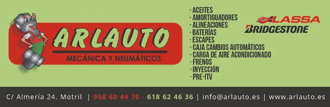 Banner del taller mecánico ARLAUTO en rojo, amarillo, verde y negro con logotipos y datos de contacto.