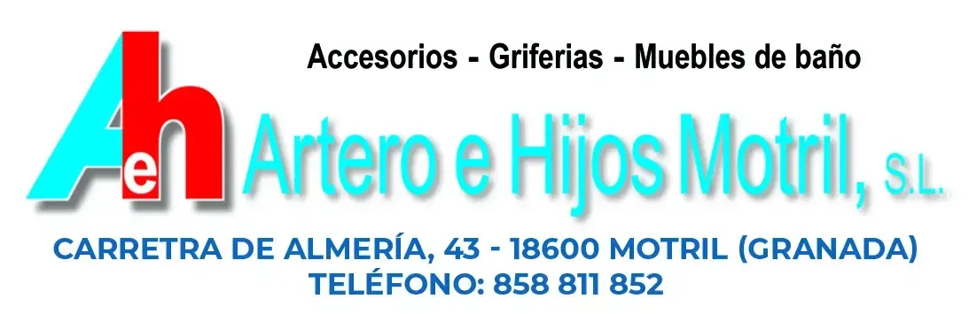 Logotipo de Artero e Hijos Motril, SL en azul y rojo con texto sobre accesorios de baño y muebles, sobre fondo blanco.