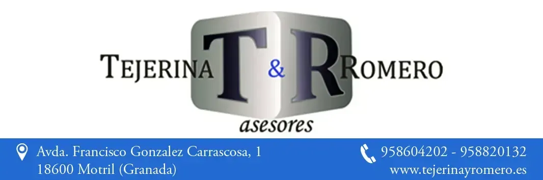 Logo de Tejerina & Romero Asesores con fondo blanco y franja azul inferior con datos de contacto.