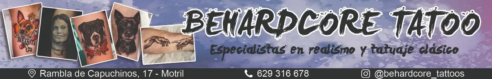 Banner para “BEHARDCORE TATOO” con fotos de brazos tatuados y texto en español sobre un fondo gris.