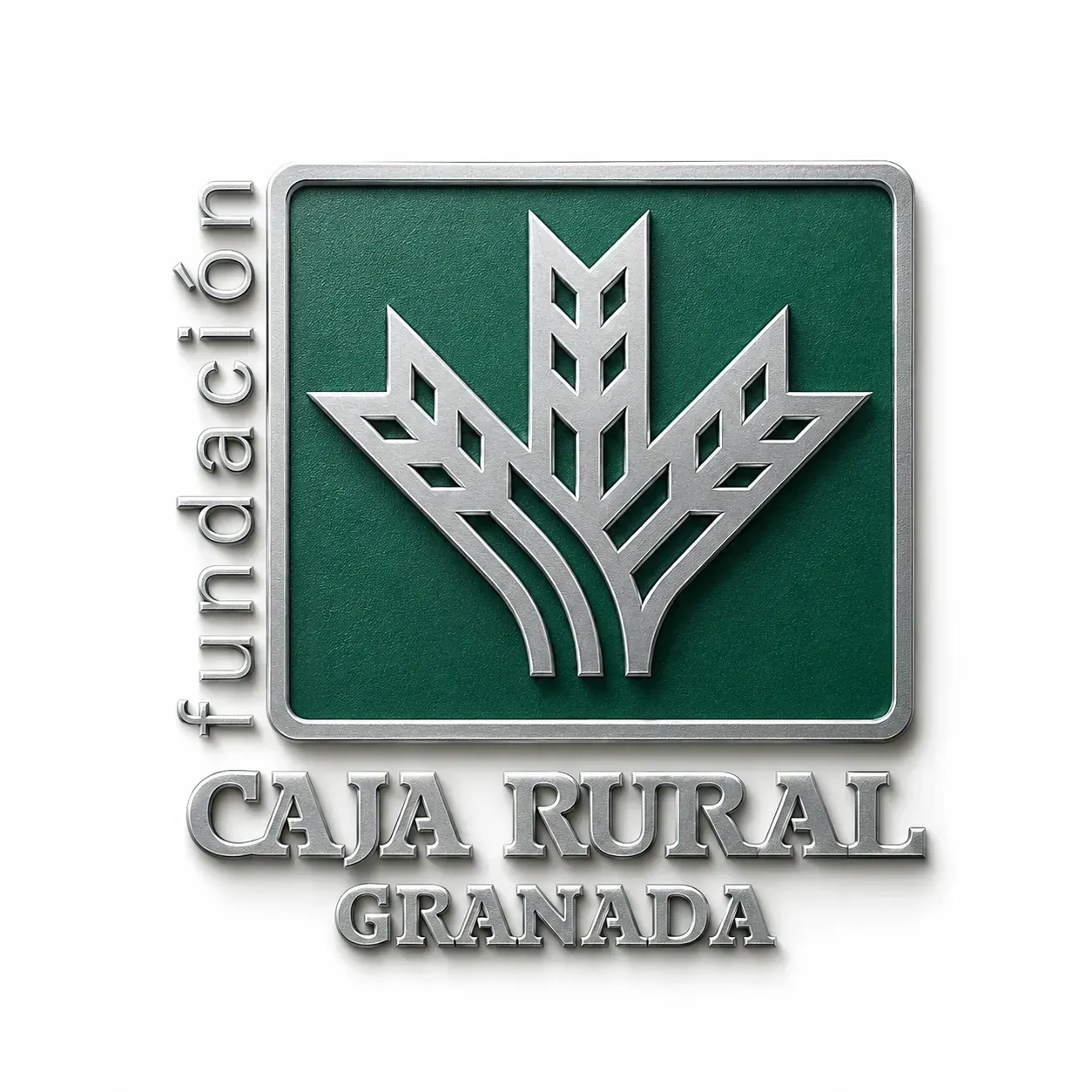 Logotipo de la fundación CAJA RURAL Granada con espigas de trigo plateadas sobre fondo verde.
