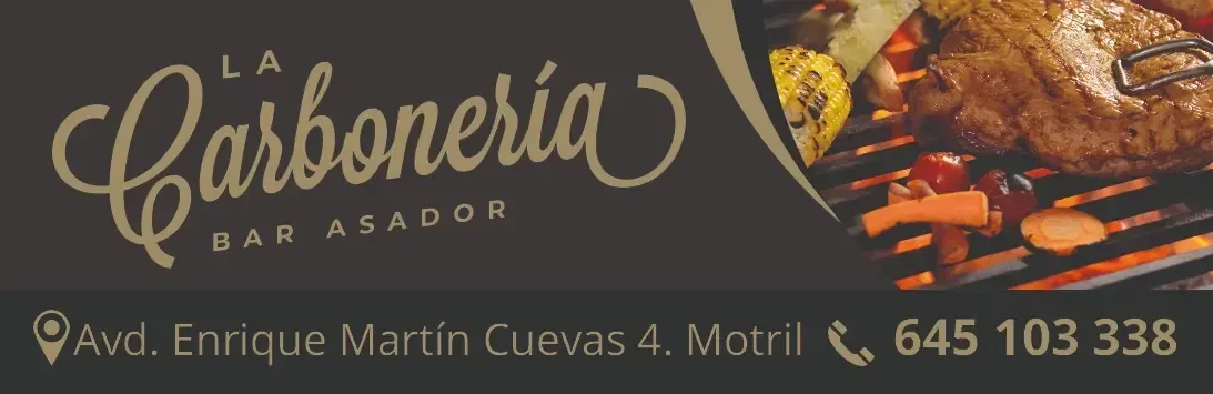 Letrero de La Carbonería barbacoa con logo, llamas, dirección en Motril y número de teléfono