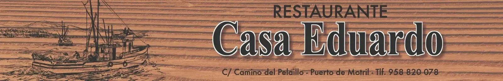 Banner para el Restaurante Casa Eduardo con fondo texturizado de madera y la ilustración de un pequeño velero.