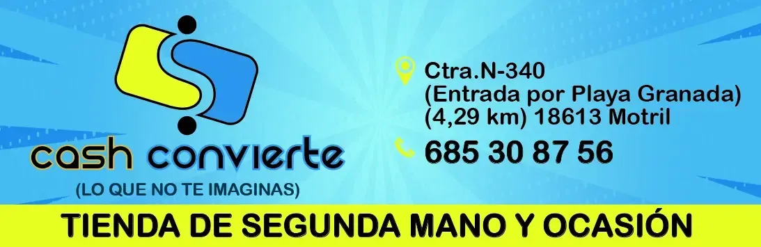 Banner azul de la tienda de ropa de segunda mano “Cash Convierte” con la dirección y el número de teléfono en texto negro y amarillo.