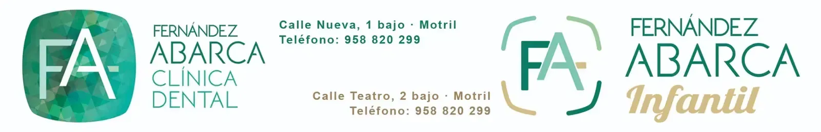 Banner con el logotipo de la Clínica Dental y Pediátrica Fernanda Abarca, en verde y beige con iconos de dientes.