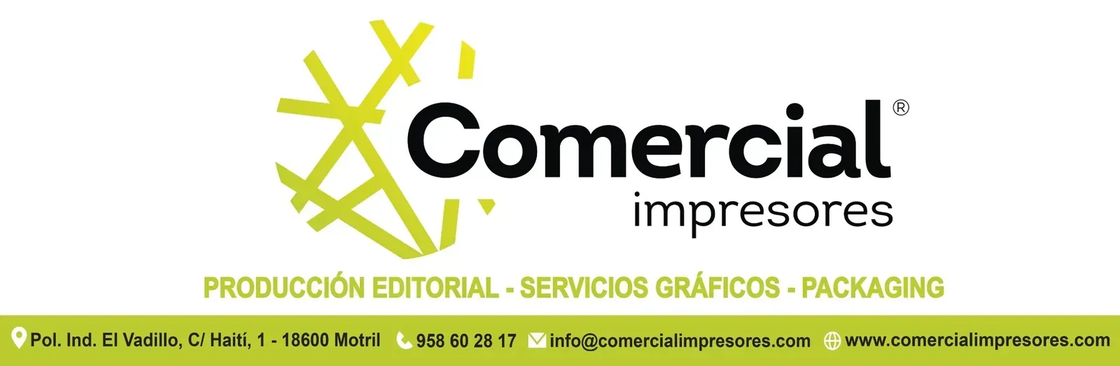 Logotipo de Comercial Empresas sobre fondo blanco, con gráfico amarillo y eslogan verde e información de contacto.